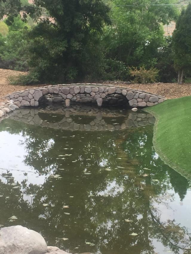Arched river-rock masonry edging a landscaped backyard pond