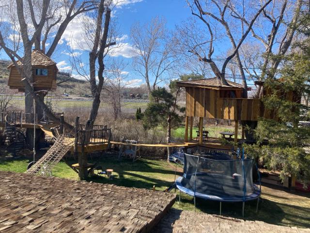 Two backyard treehouses linked by an elevated walkway with cargo net below
